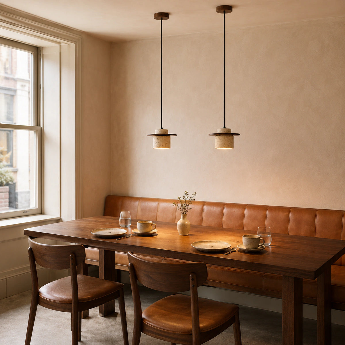 Hatfield pendant in cream travertine above a dining table in a minimalist dining room