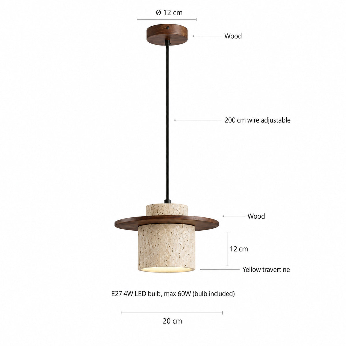 Dimensions of the Hatfield pendant in cream travertine: 20 cm brim, 12 cm deep, 200 cm cable
