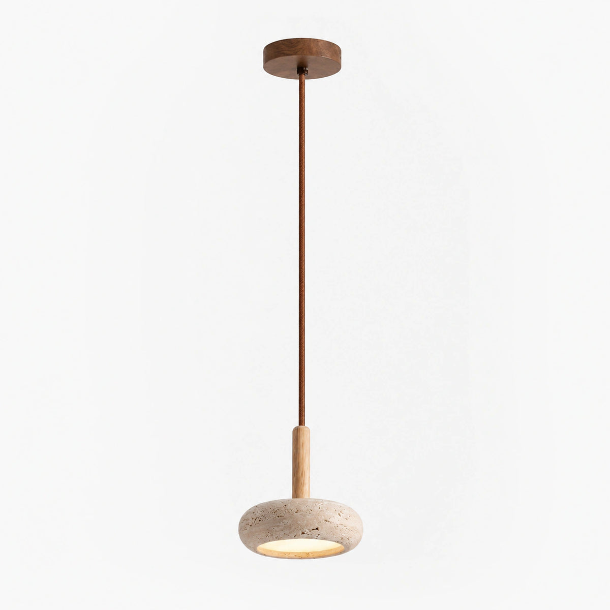 Cream travertine disc pendant light with an oak stem on a white background