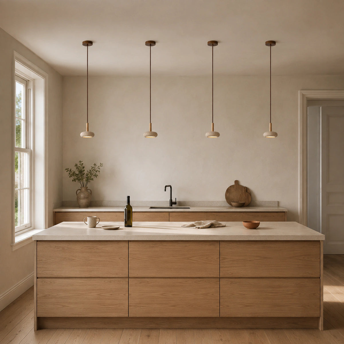 Elmore travertine disc pendant hanging above a kitchen island in a warm oak kitchen