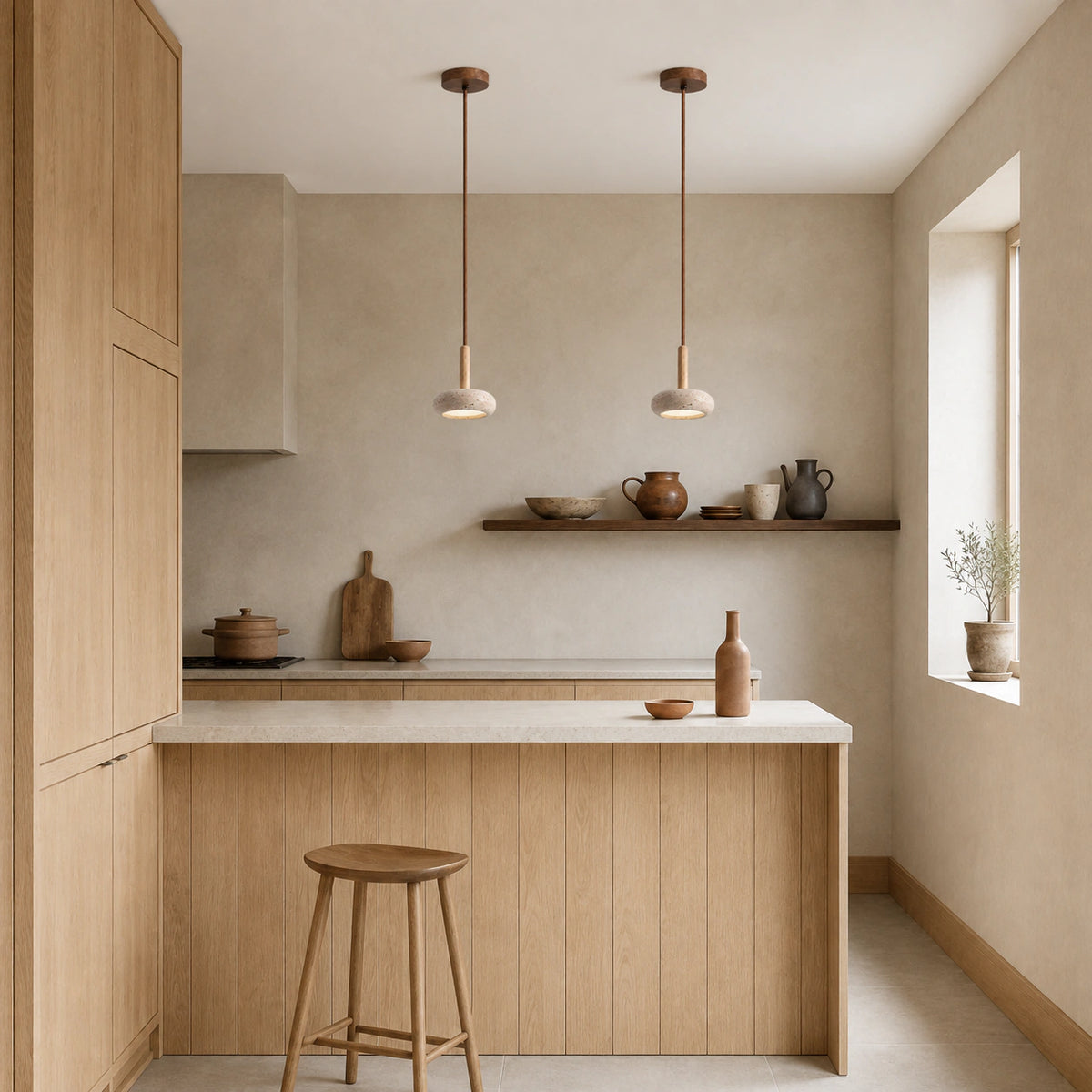 Elmore travertine disc pendant lit above a kitchen worktop, seen from across the room