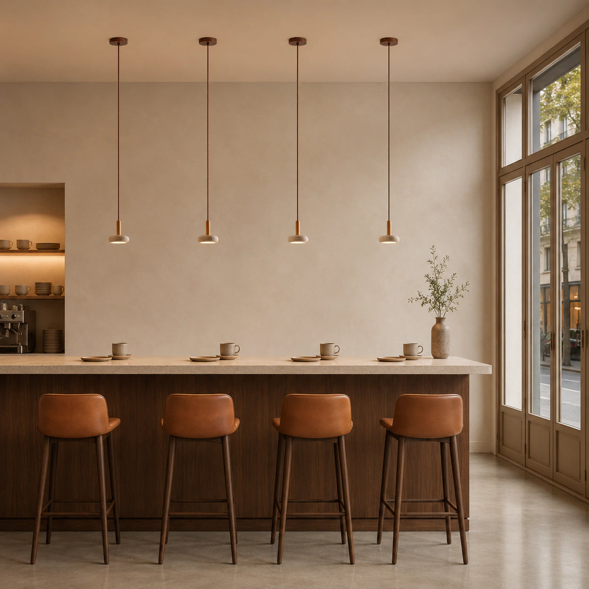 Elmore travertine disc pendant above the counter of a warm, minimalist cafe