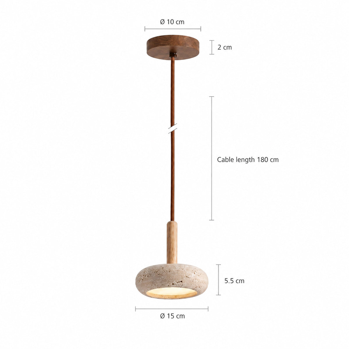 Dimensions of the Elmore travertine disc pendant: 15 cm wide, 5.5 cm high, 180 cm cable