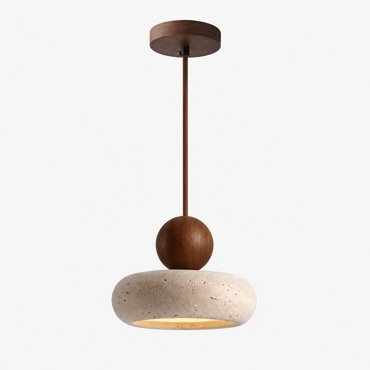 Travertine pebble pendant light with a walnut ball on a white background