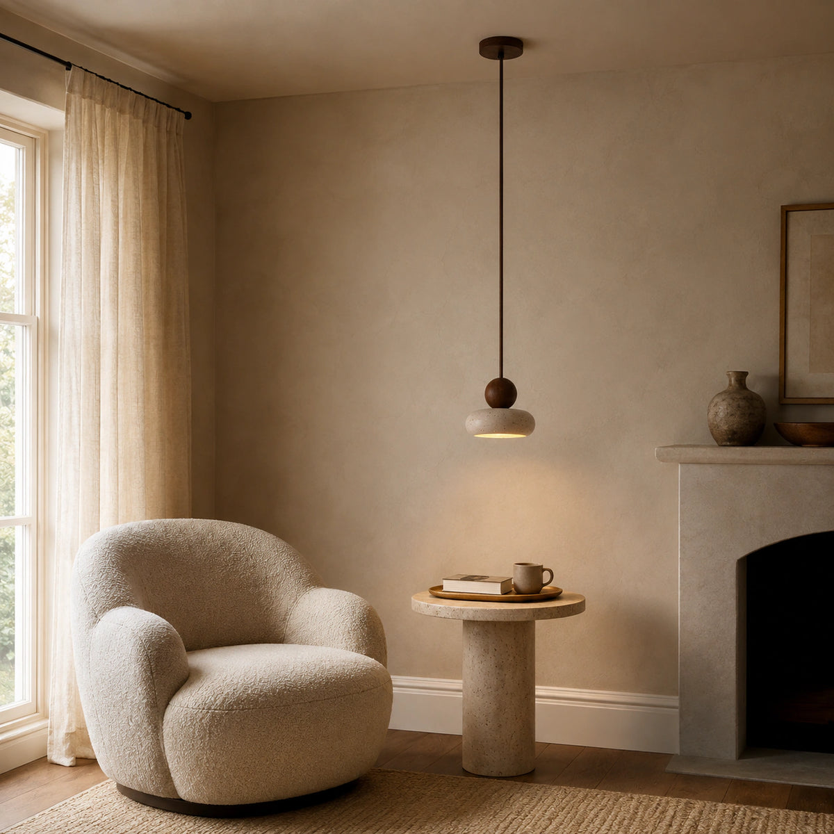 Travertine pebble pendant with a walnut ball in a calm neutral living room