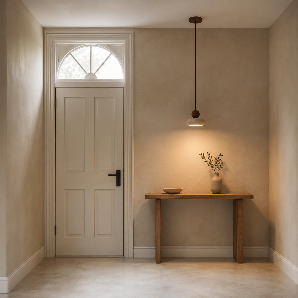 Travertine pebble pendant lighting a plastered hallway
