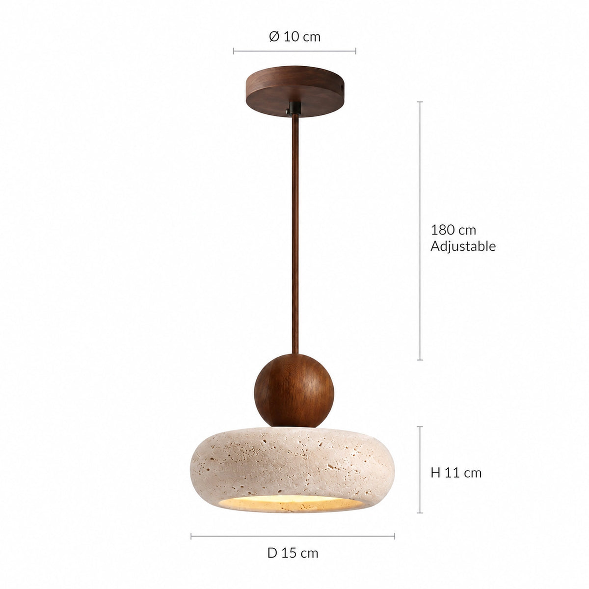 Measured dimensions of the travertine pebble pendant, walnut ball