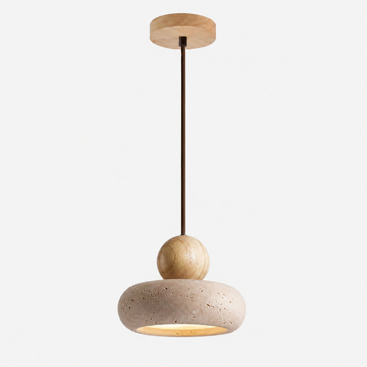 Travertine pebble pendant light with an oak ball on a white background