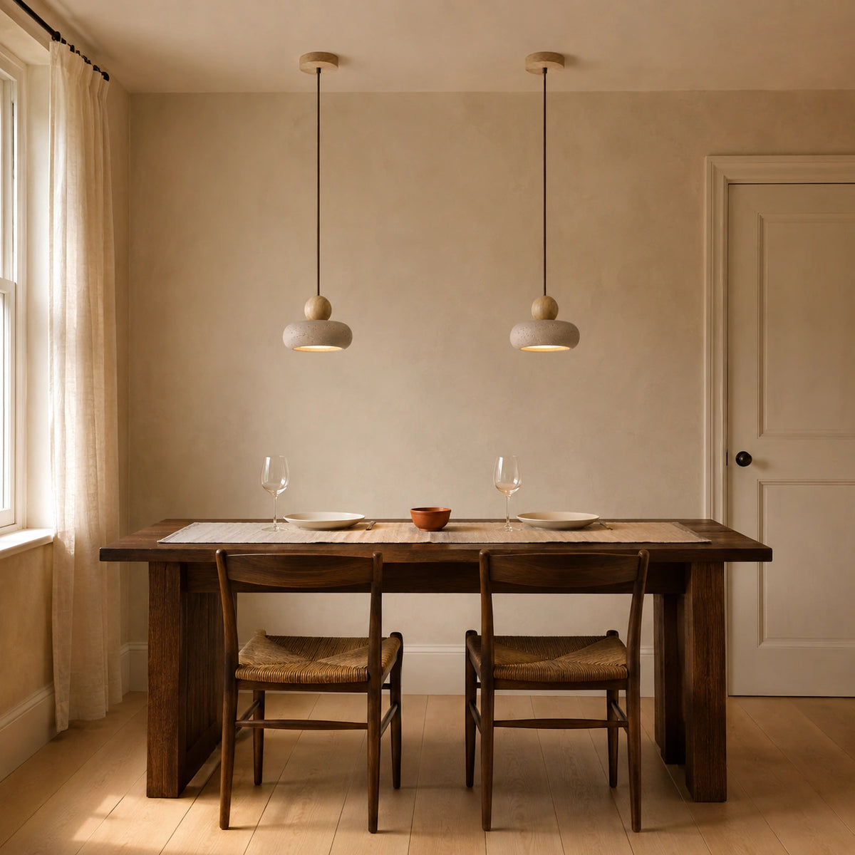 Travertine pebble pendant with an oak ball above a minimalist dining table