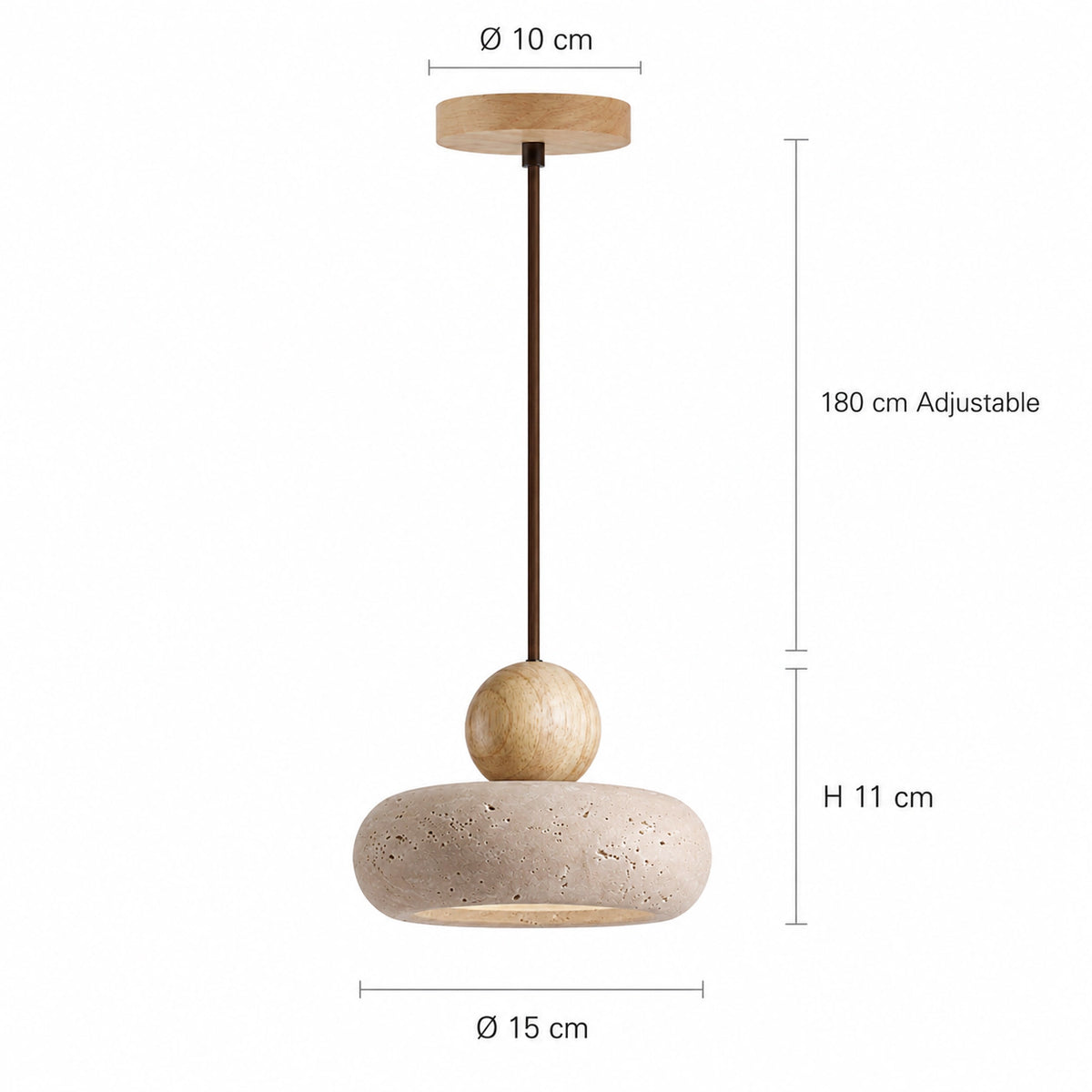 Measured dimensions of the travertine pebble pendant, oak ball