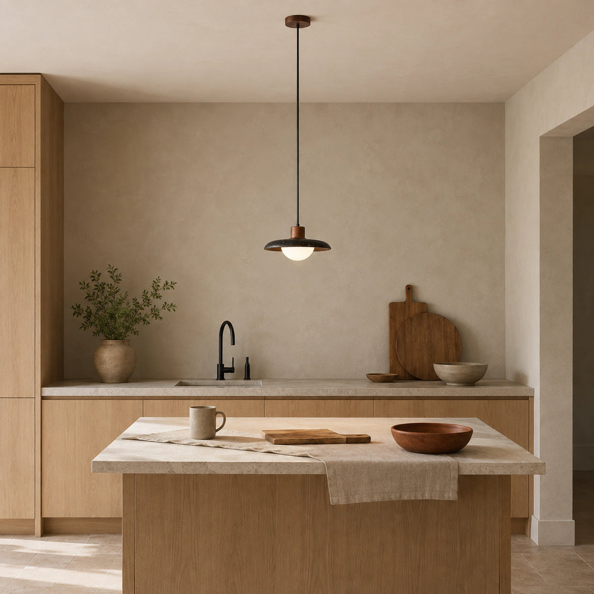 Halden black travertine saucer pendant hanging above a kitchen island