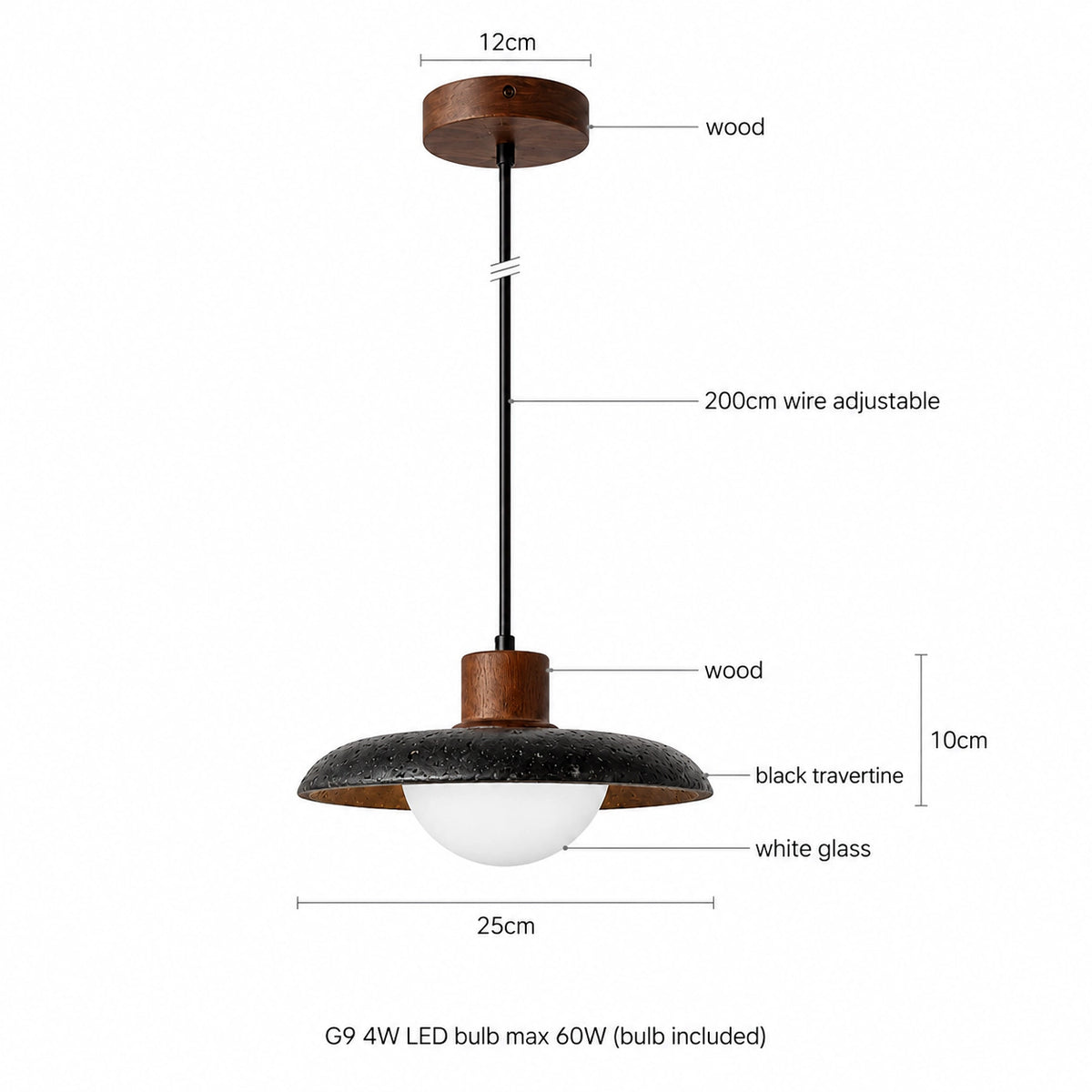 Dimensions of the Halden black travertine saucer pendant: 25 cm wide, 10 cm deep, 200 cm cable
