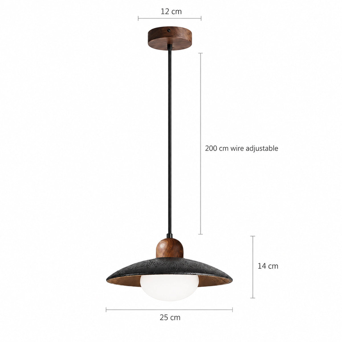 Dimensions of the Marsden black travertine saucer pendant: 25 cm wide, 14 cm deep, 200 cm cable