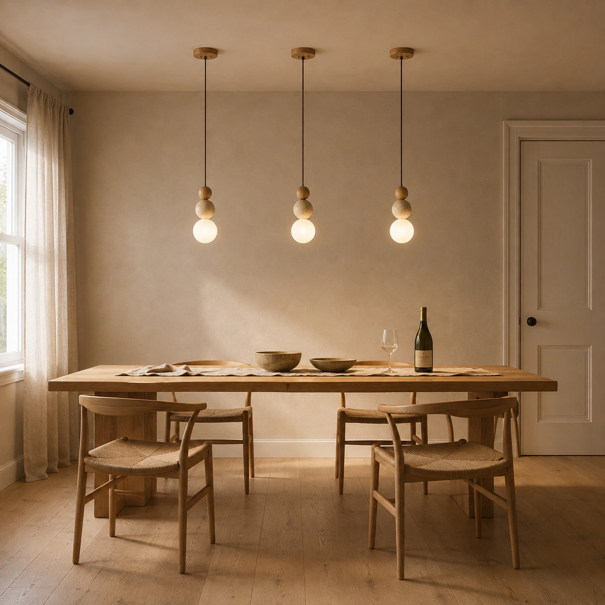 Sudbury travertine sphere pendant in oak above a dining table in a minimalist dining room