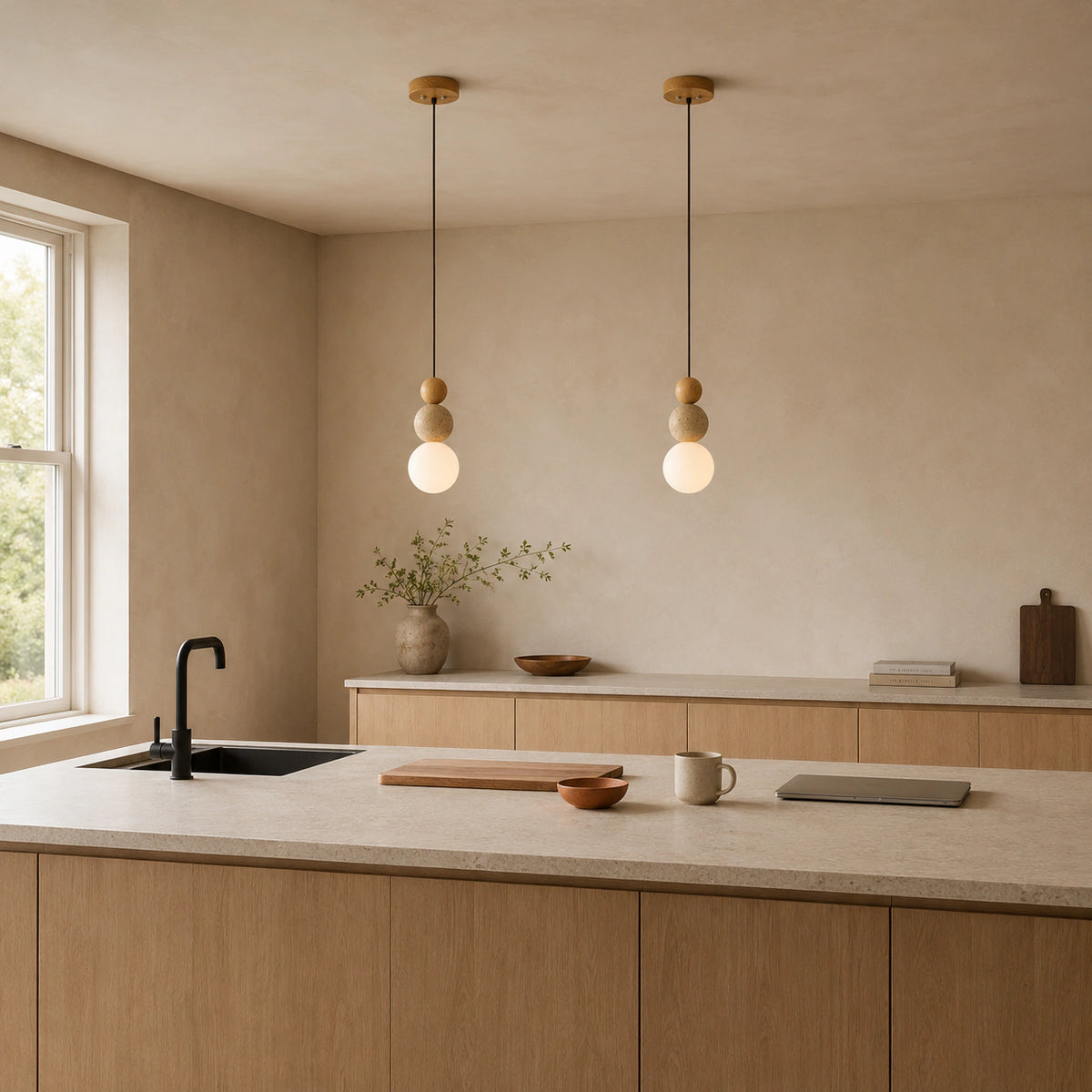 Sudbury travertine sphere pendant in oak hanging above a kitchen island