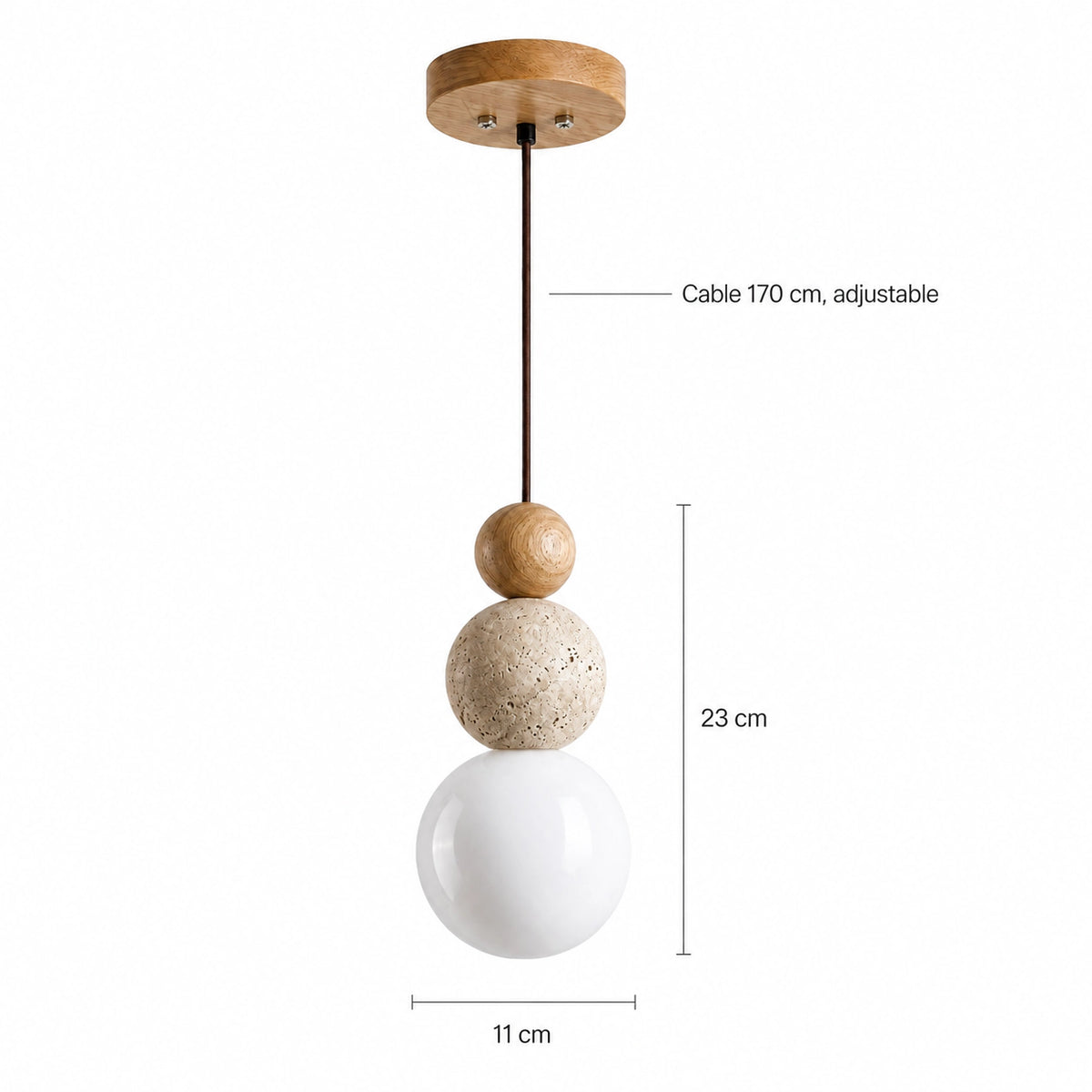 Dimensions of the Sudbury travertine sphere pendant in oak: 11 cm wide, 23 cm tall, 170 cm cable