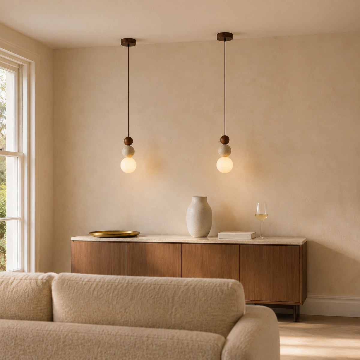Sudbury travertine sphere pendant in walnut in a calm living room with neutral furnishings