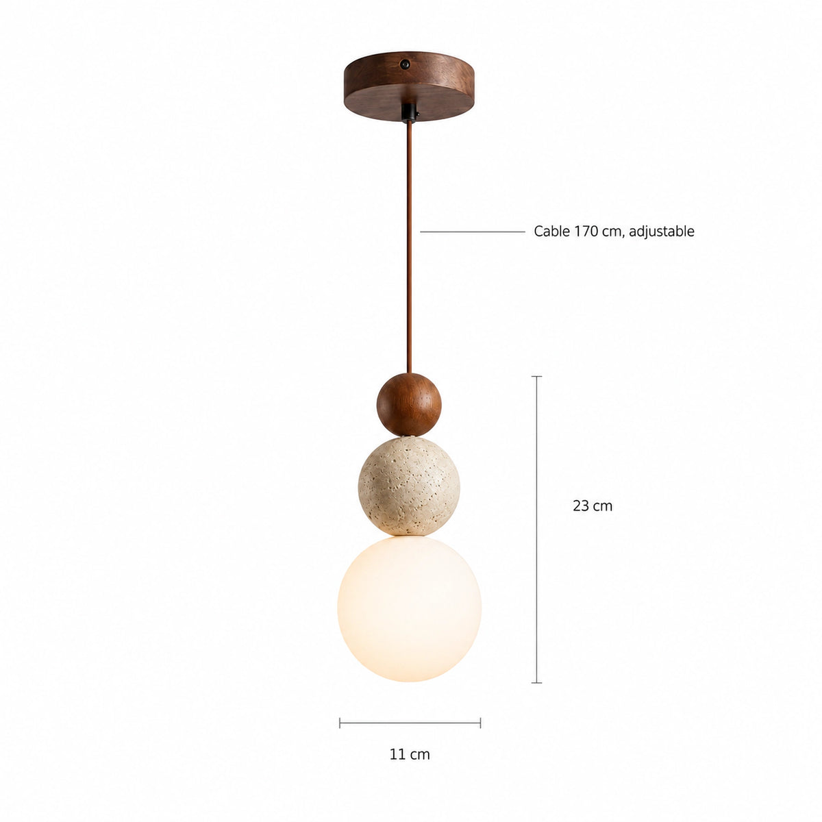 Dimensions of the Sudbury travertine sphere pendant in walnut: 11 cm wide, 23 cm tall, 170 cm cable