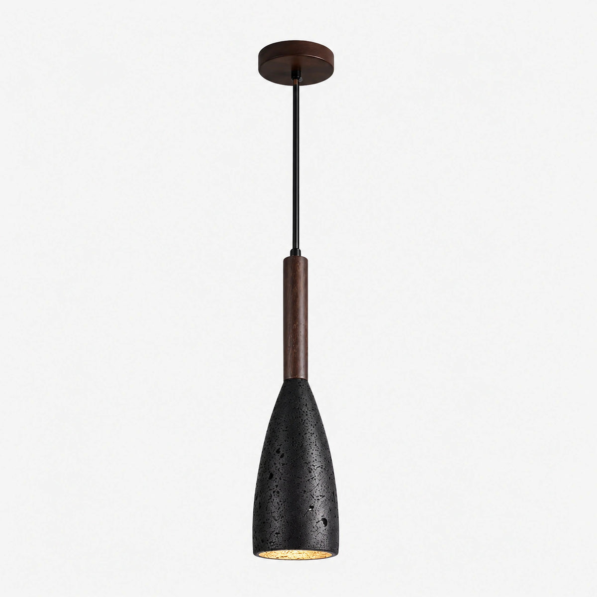 Tall tapered black travertine pendant light with a wood neck on a white background