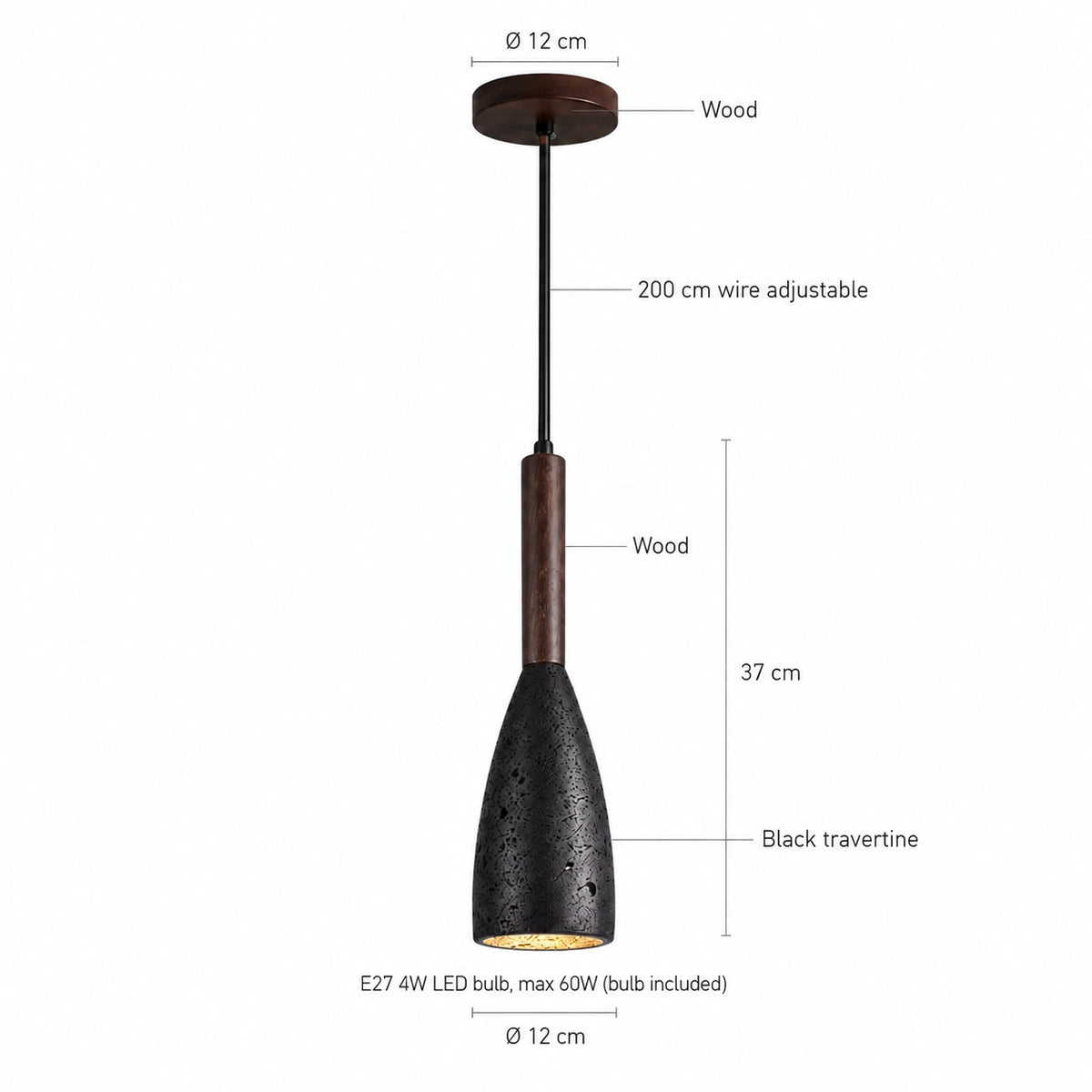 Dimensions of the Coalbrook tall black travertine pendant: 12 cm wide, 37 cm long, 200 cm cable