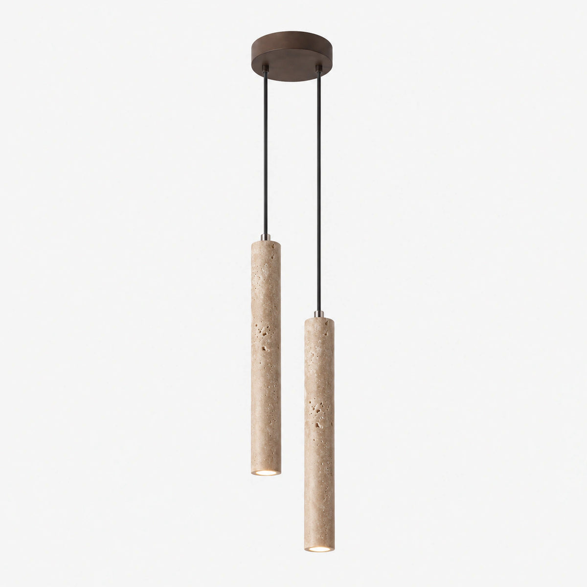Travertine tube cluster pendant with two staggered drops on a white background