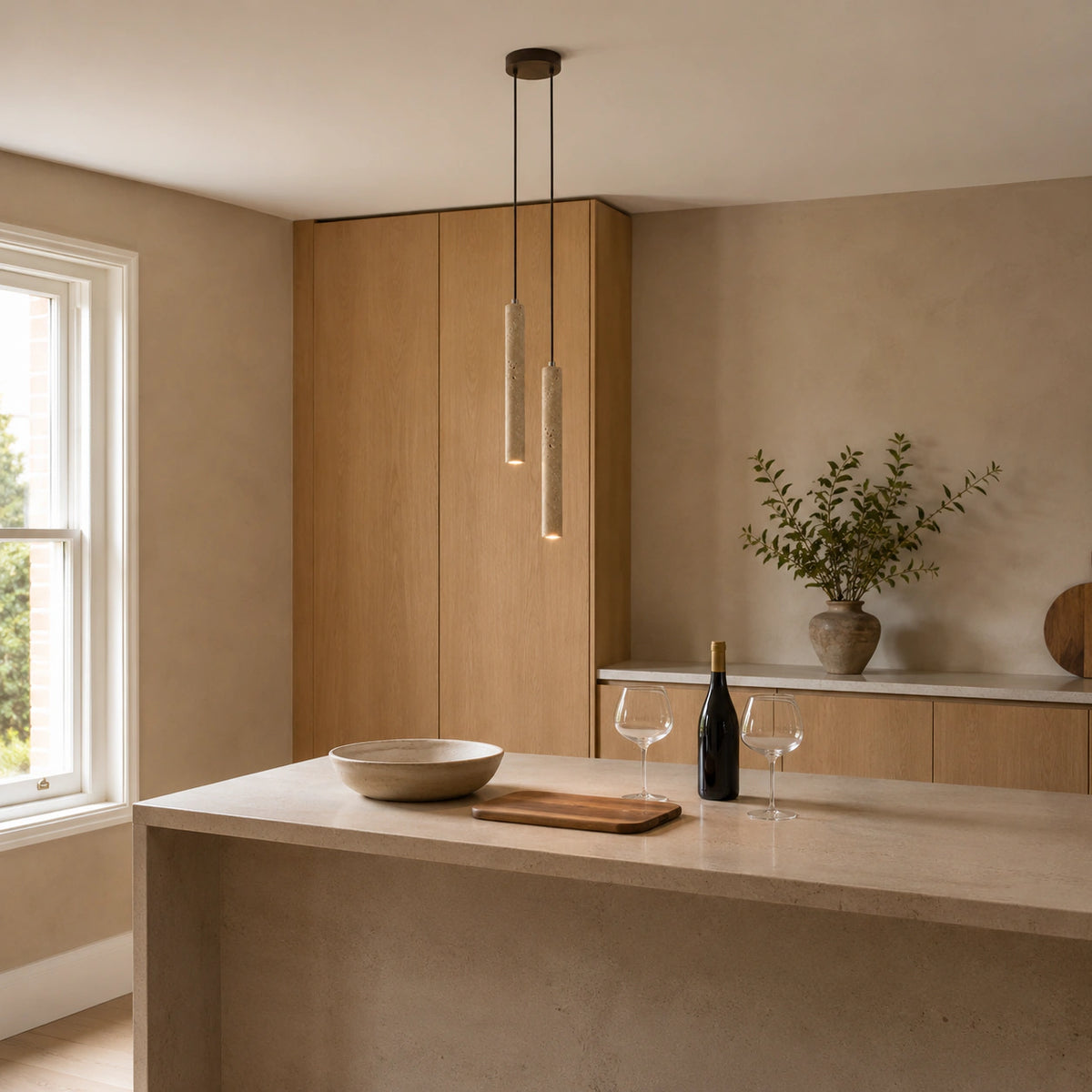 Chesil travertine tube cluster pendant hanging above a kitchen island
