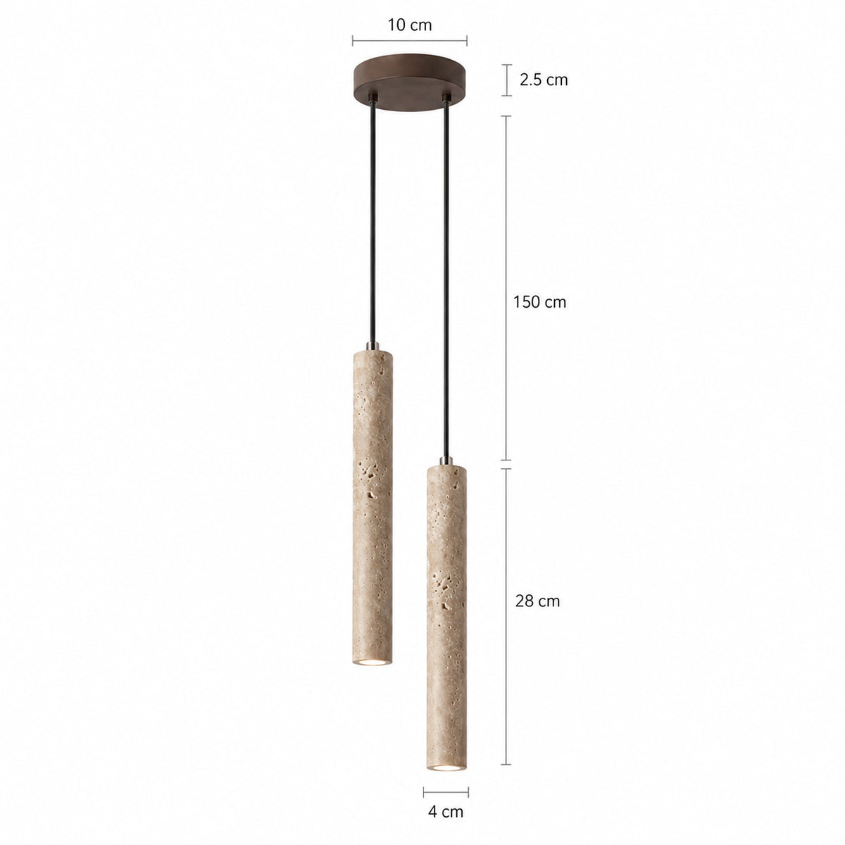 Dimensions of the Chesil travertine tube cluster pendant: 4 cm tubes, 28 cm long, 150 cm cables