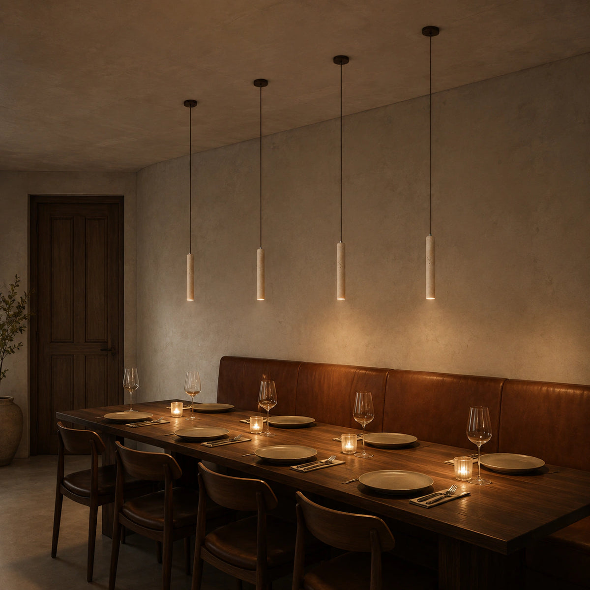 Reed travertine tube pendant in 28 cm above a restaurant table with banquette seating