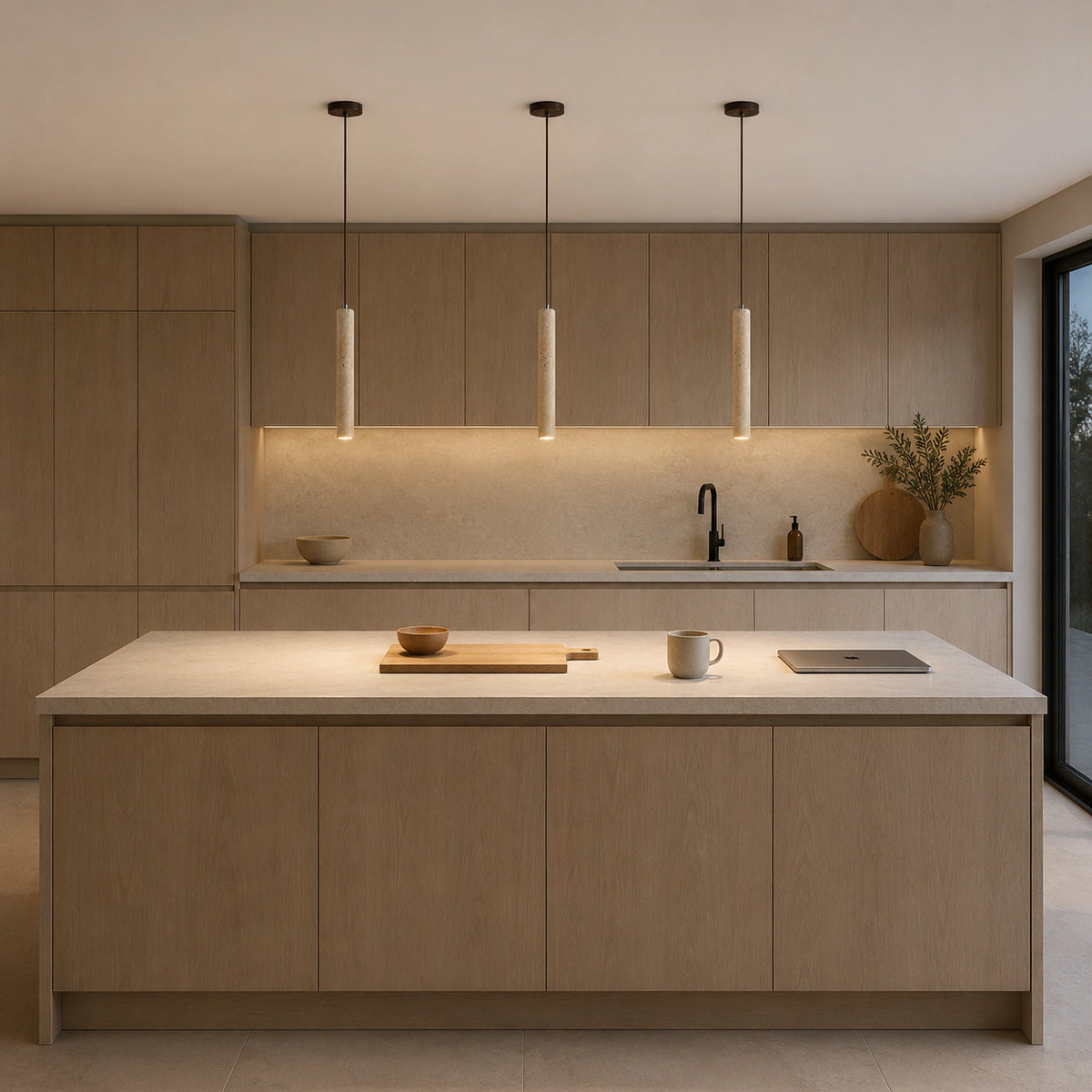 Reed travertine tube pendants in 28 cm hanging in a row above a kitchen island