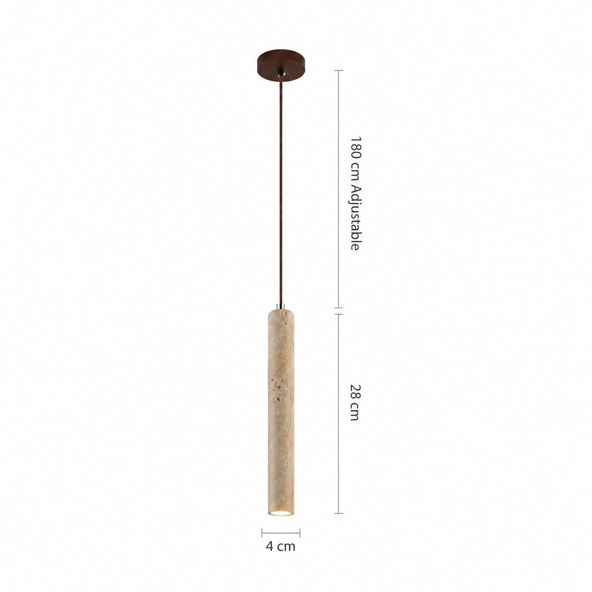 Dimensions of the 28 cm Reed travertine tube pendant: 4 cm wide, 180 cm cable