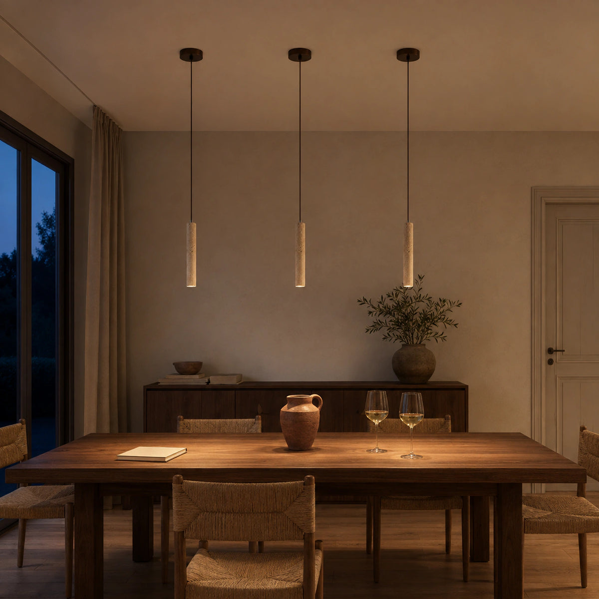 Reed travertine tube pendant in 40 cm hanging low over a dining table
