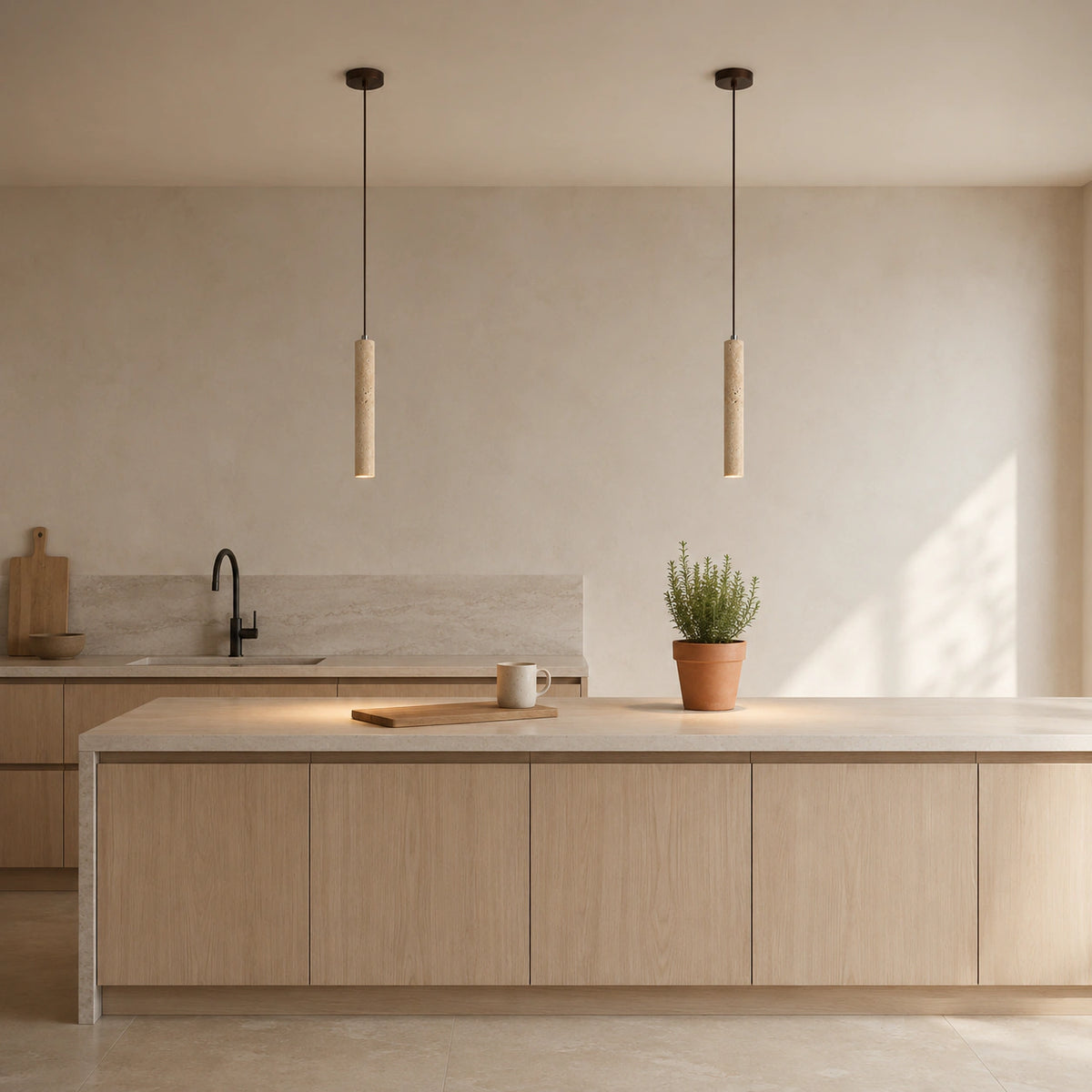 Reed travertine tube pendants in 40 cm hanging in a row above a kitchen island