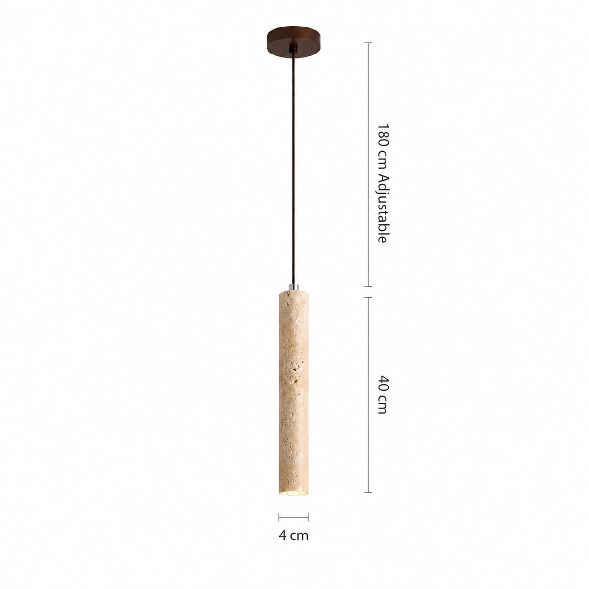 Dimensions of the 40 cm Reed travertine tube pendant: 4 cm wide, 180 cm cable