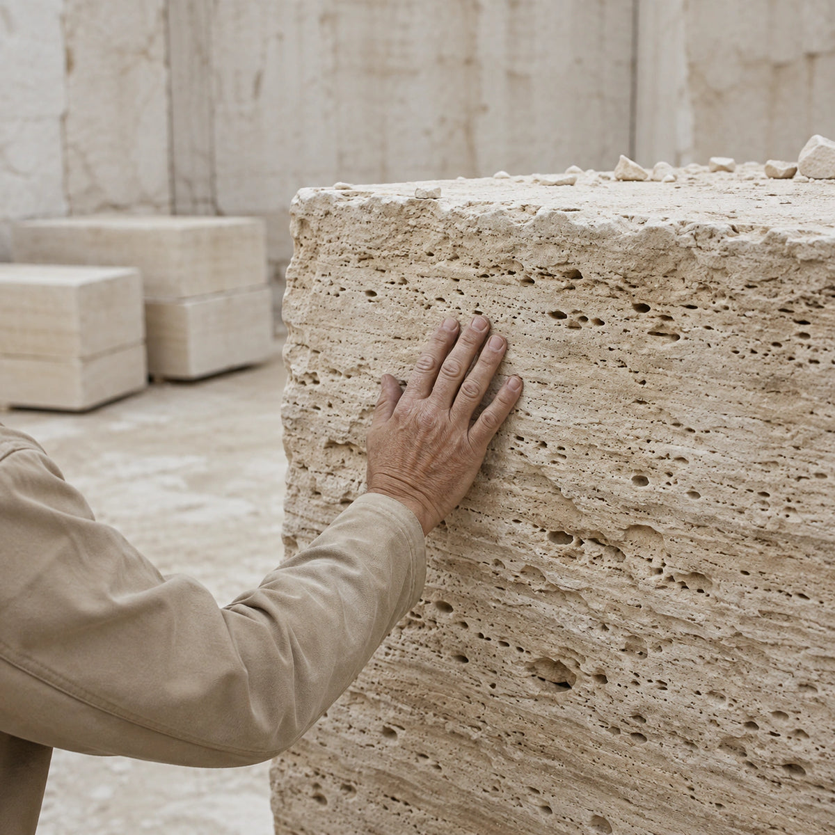 Hand resting on a raw travertine block, showing the stone's pitted grain