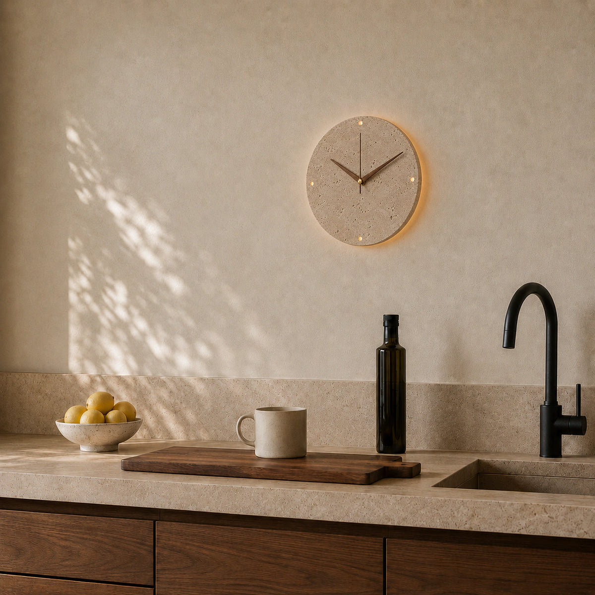 Cranmore travertine wall clock in a warm kitchen