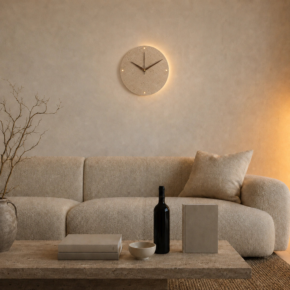 Cranmore travertine wall clock in a calm living room with neutral furnishings