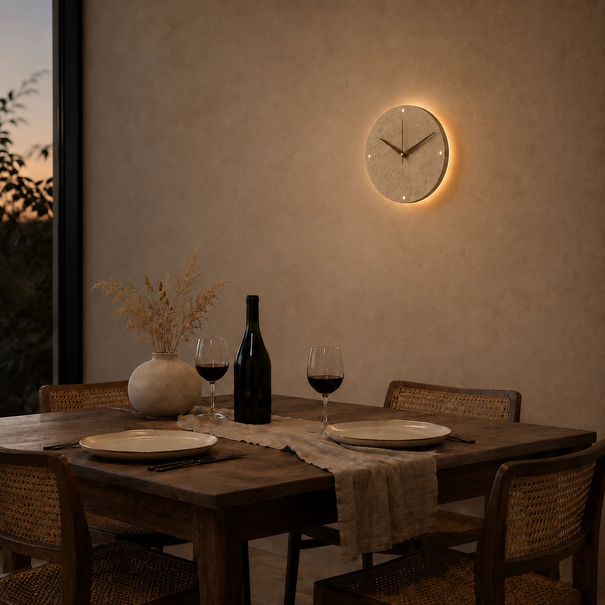Cranmore travertine wall clock above a dining table