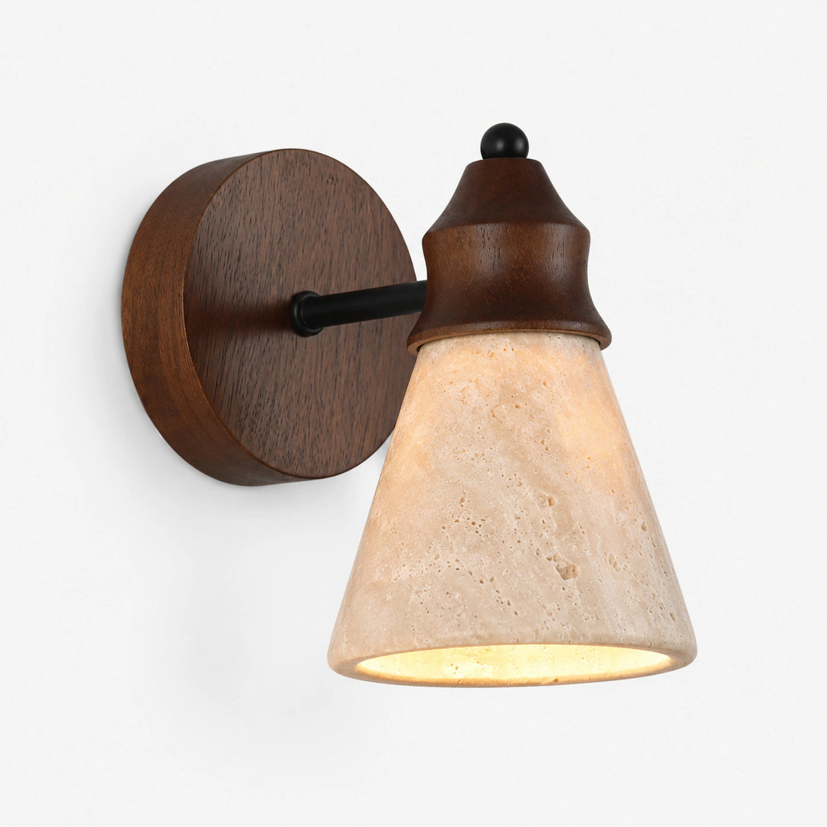 Small beige travertine cone wall light with a turned walnut collar and finial