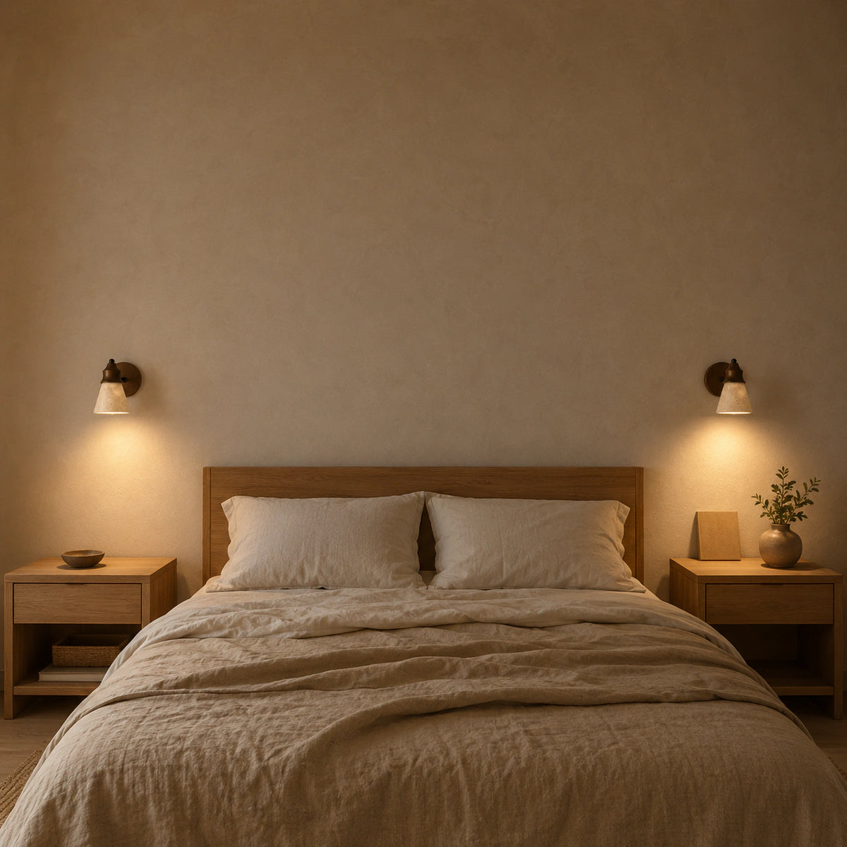 Ashwell travertine cone wall light beside a bed in a warm, neutral bedroom