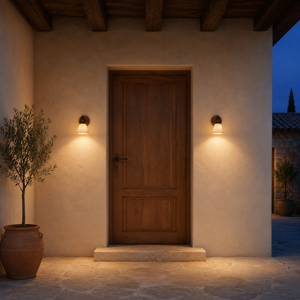 Ashwell travertine cone wall light mounted beside an entrance door