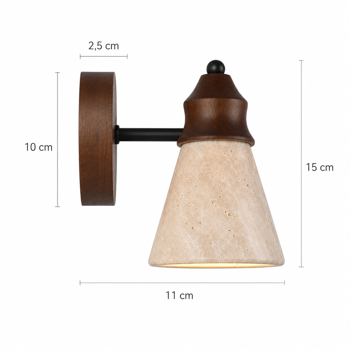 Dimensions of the Ashwell travertine cone wall light: 11 cm cone, 15 cm tall, 10 cm projection