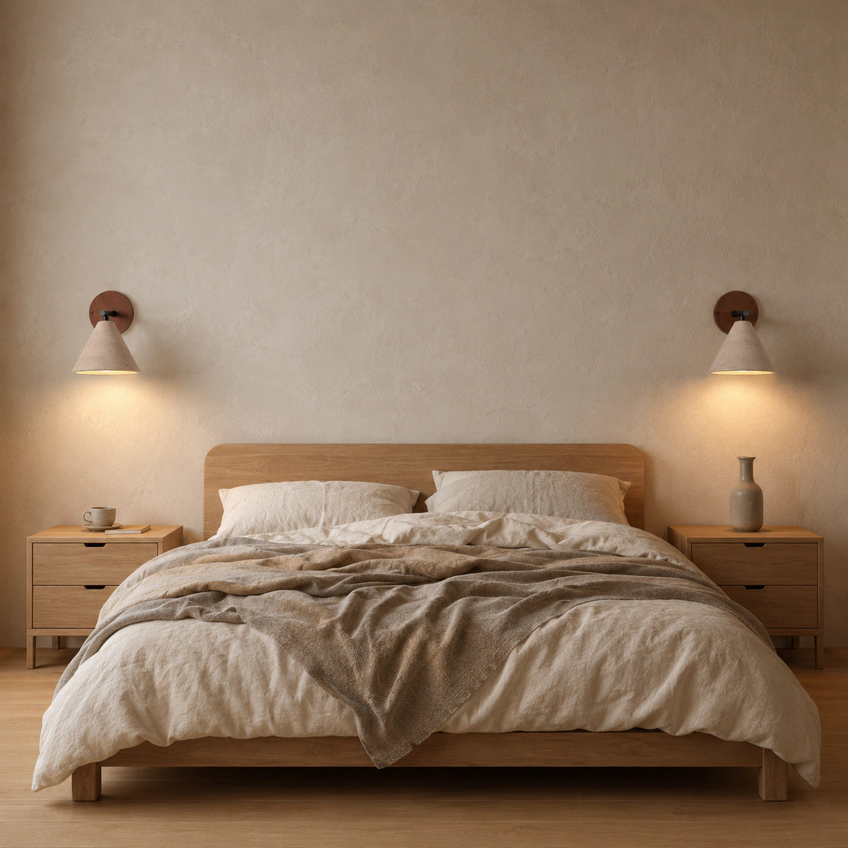 Padstow travertine cone wall light beside a bed in a warm, neutral bedroom