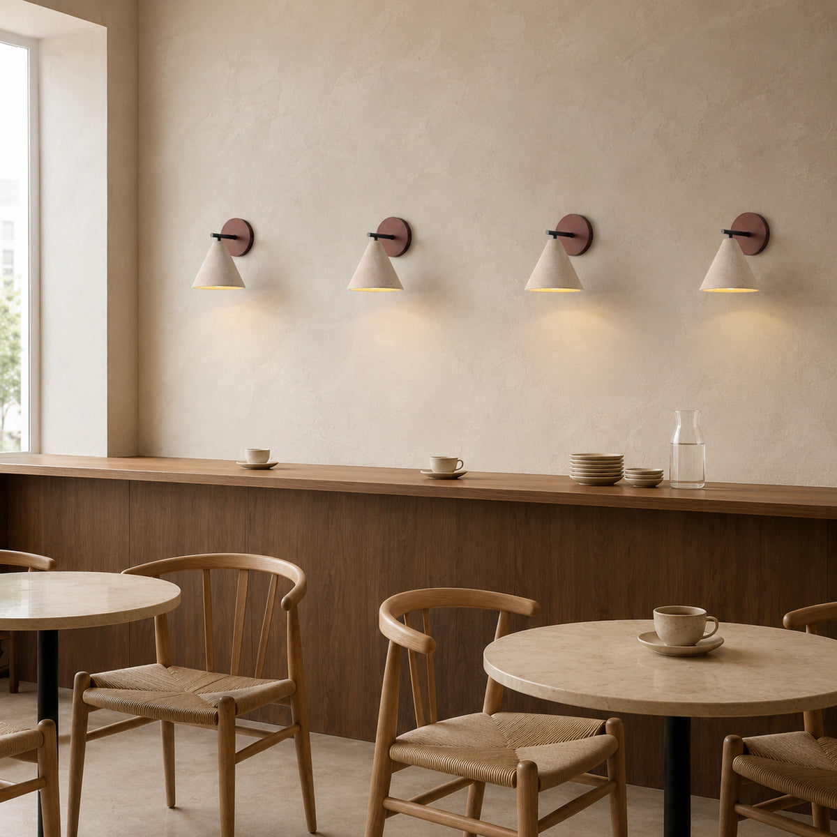 Padstow travertine cone wall light in a warm, minimalist cafe