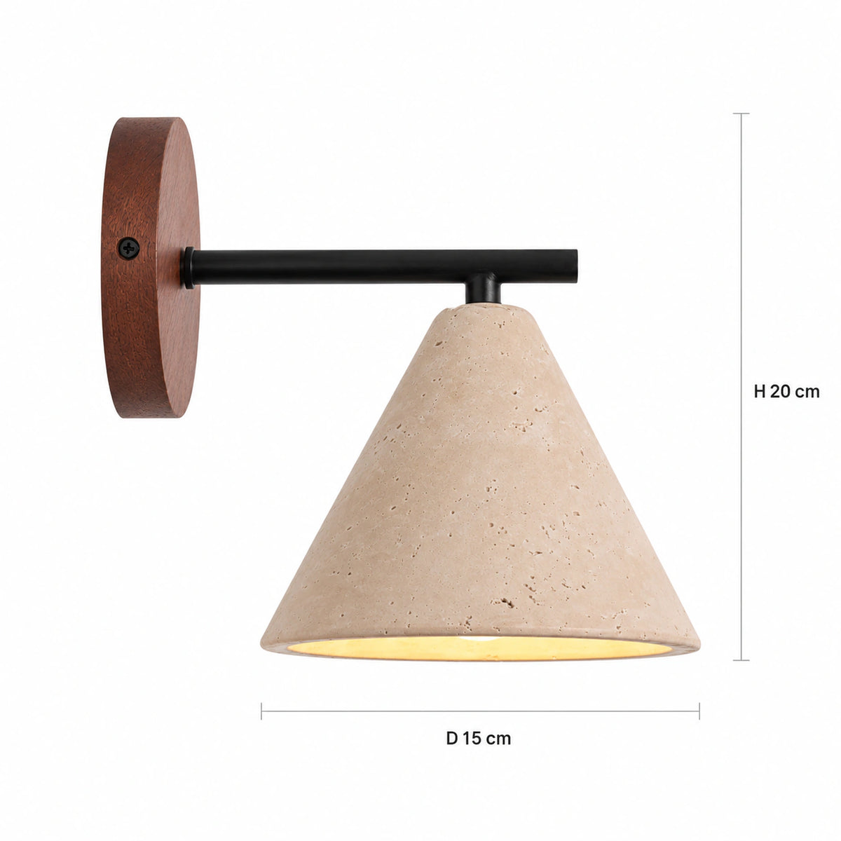 Dimensions of the Padstow travertine cone wall light: 15 cm shade, 20 cm tall