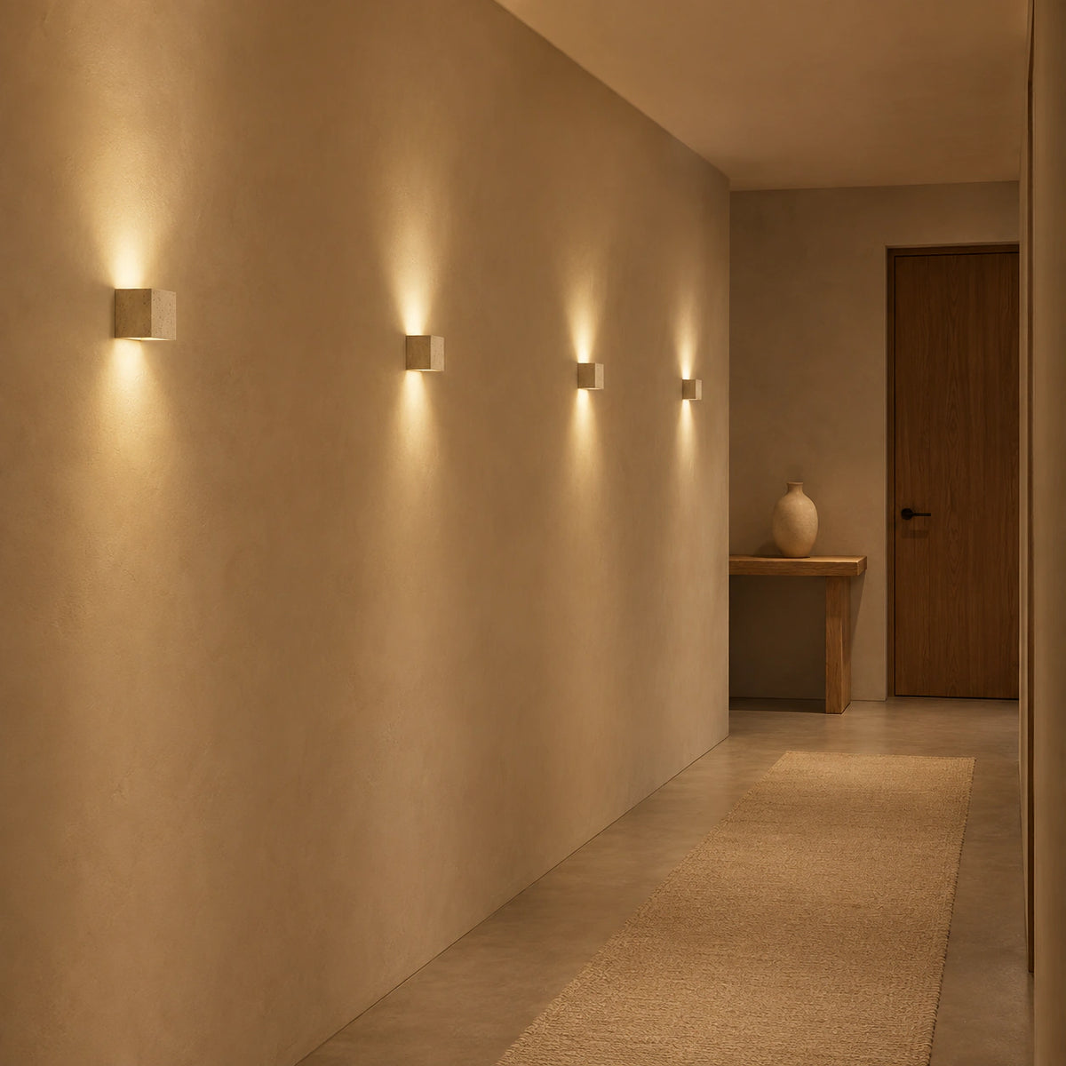 Melbury travertine cube wall light in a hallway of a period property
