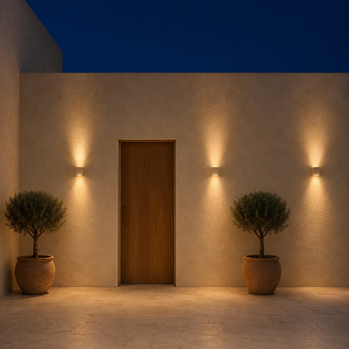 Melbury travertine cube wall light mounted beside an entrance door