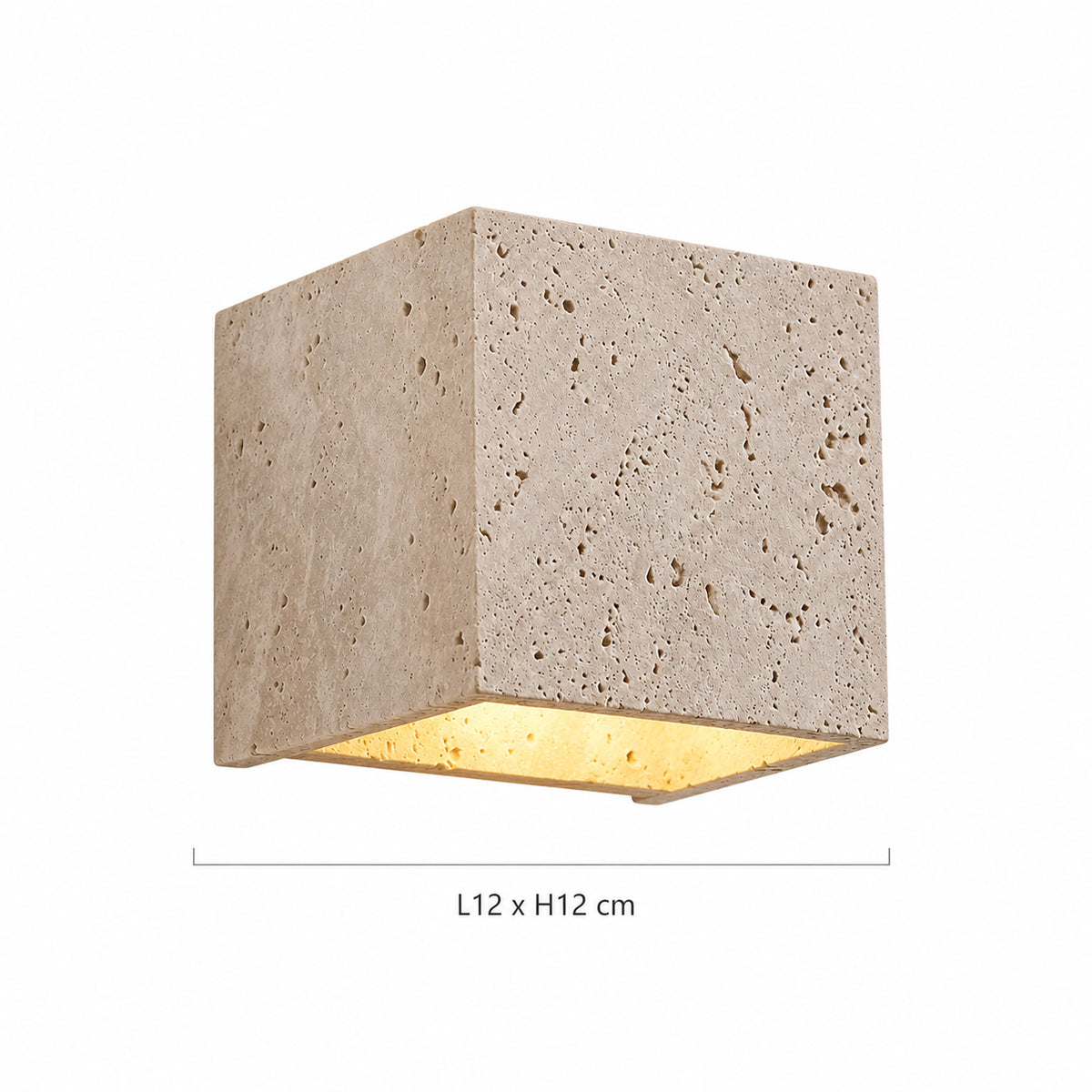 Dimensions of the Melbury travertine cube wall light: 12 cm wide, 12 cm high