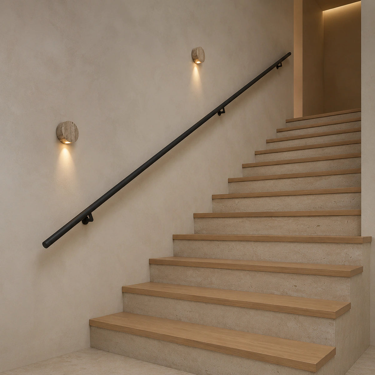 Roundhay travertine disc wall light beside a staircase, throwing light down the wall