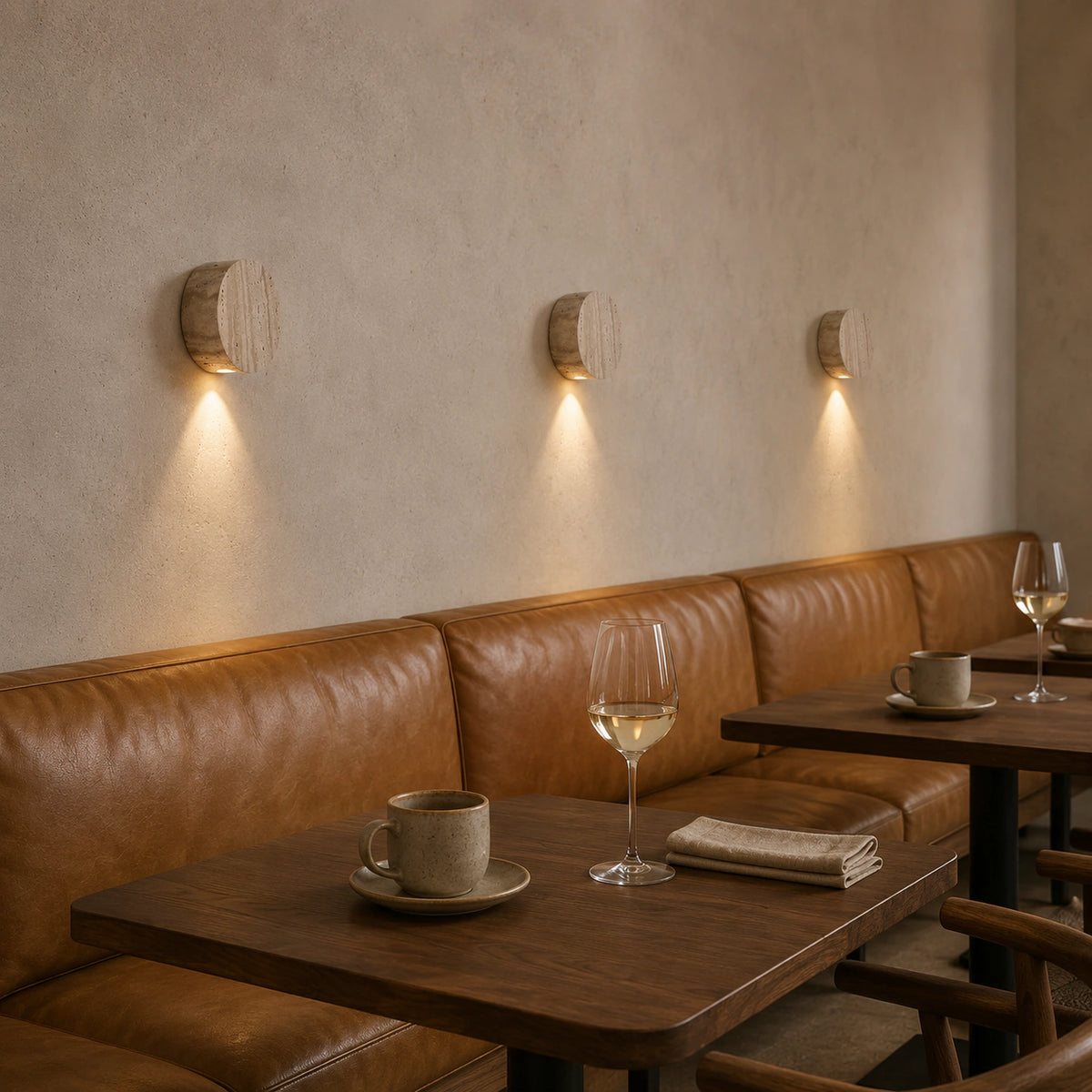 Roundhay travertine disc wall lights in a warm restaurant interior