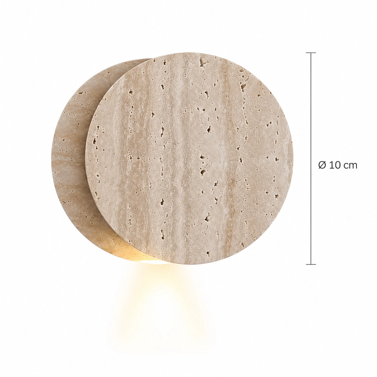 Dimensions of the Roundhay travertine disc wall light: 10 cm diameter